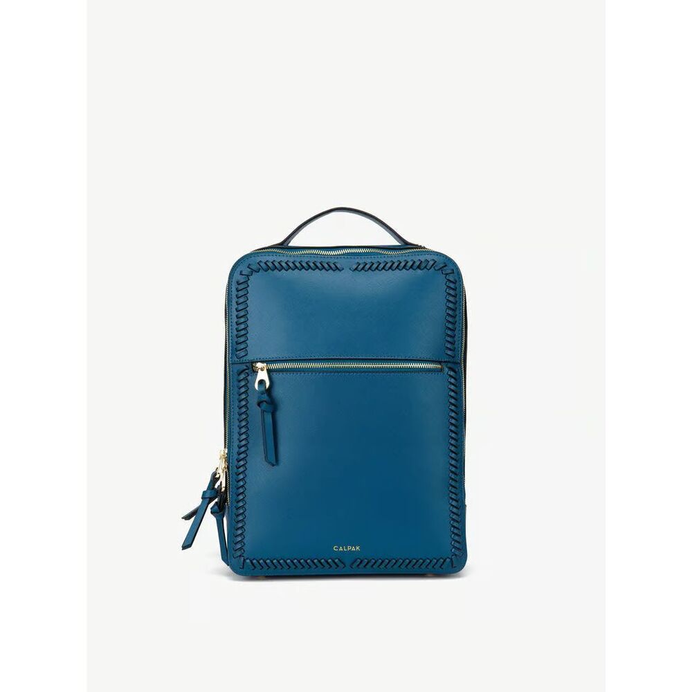 Calpak Blue Leather Laptop Backpack with Whipstitch Trim